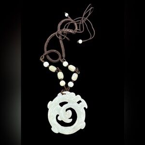 Vintage White Jade Carved Dragon Pendant Necklace Authentic Macrame Dragon
